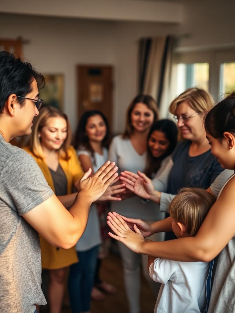 Círculo de apoyo comunitario con manos unidas