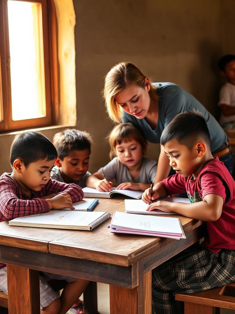 Niños estudiando junto a una maestra en una aula