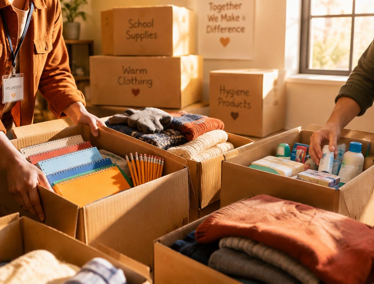 Cajas con material escolar, ropa de abrigo y productos de higiene preparadas para el segundo viaje humanitario